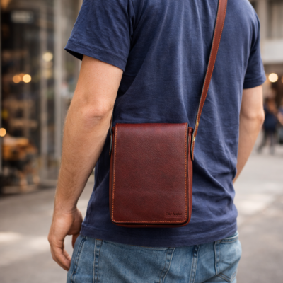 תיק צד קטן מעור לגבר Old Angler על הגוף