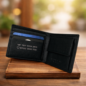 ארנק רודי מעור איטלקי פתוח על משטח עץ