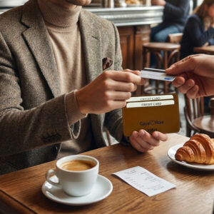 תשלום בבית קפה עם כרטיס אשראי ליד כוס קפה