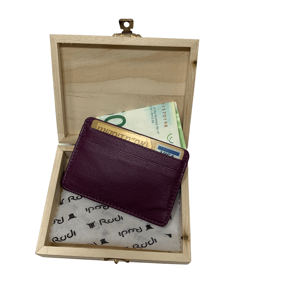 ארנק כרטיסים סגול במארז עץ