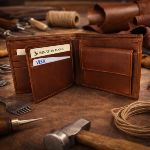 ארנק עור לגבר פתוח בעבודת יד על שולחן עבודה עם כלי עור ועורות טבעיים