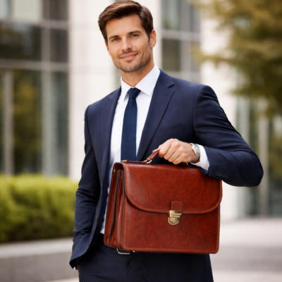 איש עסקים עם תיק עור חום אלגנטי ביד בסביבה משרדית מודרנית