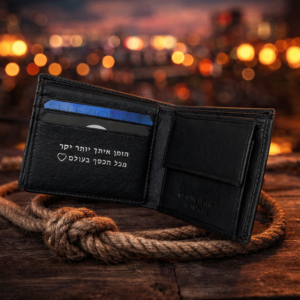 ארנק עור שחור יוקרתי עם חריטה אישית, פתוח עם כרטיסים, מונח על רקע עץ ותאורת ערב חמה