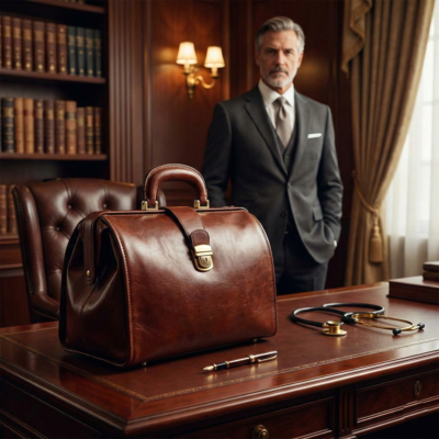 תיק רופא יוקרתי מעור חום על שולחן עץ במשרד קלאסי עם רופא בחליפה ברקע.