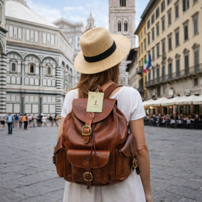 תרמיל עור איטלקי Old Angler על אישה בכיכר בפירנצה איטליה