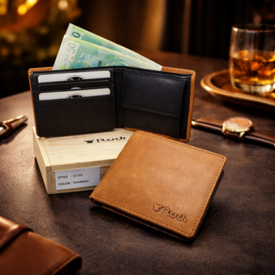 ארנק עור לגבר Rudi חום ושחור עם חריטה אישית ותאים לכרטיסים וכסף