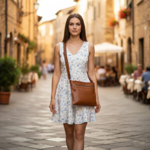 אישה מטיילת ברחוב מרוצף אבן באיטליה, נושאת על כתפה תיק צר לנשים מעור איטלקי חום עם רוכסן קדמי של המותג Old Angler.