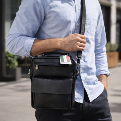 גבר עם תיק צד מעור איטלקי שחור Old Angler Italy