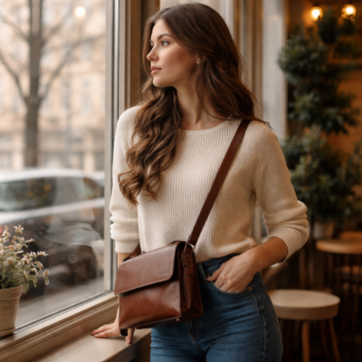 תיק מעור לנשים דגם Bridge 2093 תוצרת איטליה Old Angler Italy תיק צד אלכסוני מעור חום