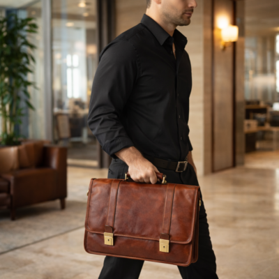 איש עסקים מחזיק תיק עור איטלקי Old Angler Italy חום בדרכו לפגישה במשרד יוקרתי
