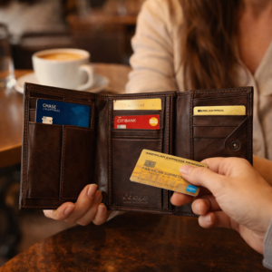 אישה משלמת בבית קפה עם ארנק עור יוקרתי חום כהה