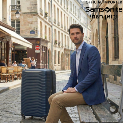 גבר בחליפת קז'ואל יושב על ספסל עץ ברחוב אירופאי מרוצף אבן, ולצידו מזוודת סמסונייט (Samsonite) קשיחה וגדולה מאוד בצבע כחול כהה.