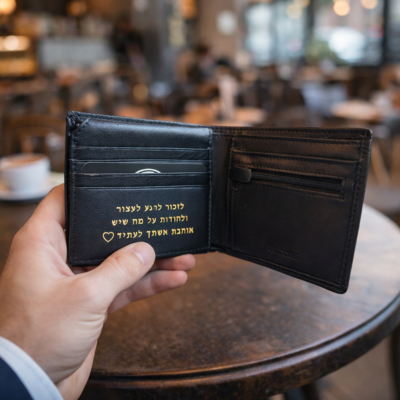 ארנק עור שחור יוקרתי עם חריטה אישית בזהב, מוחזק ביד גבר אלגנטי בבית קפה אורבני