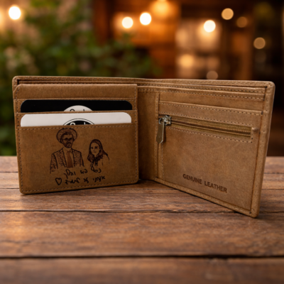 ארנק עור חום פתוח עם חריטת זוג בקווי מתאר על תא הכרטיסים הפנימי