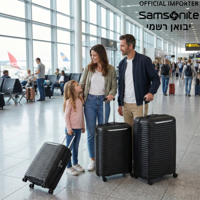 משפחה (אבא, אמא וילדה) עומדת בטרמינל שדה תעופה עם סט של שלוש מזוודות סמסונייט (Samsonite) קשיחות בצבע שחור בגדלים שונים.