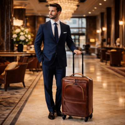 טרולי עור איטלקי Old Angler Italy בלובי מלון יוקרתי עם איש עסקים בחליפה