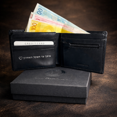 ארנק לגבר מעור איטלקי שחור עם שטרות וקופסת מתנה יוקרתית