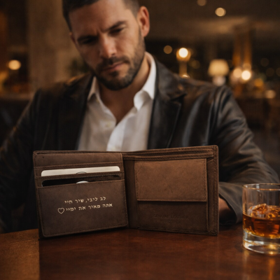 ארנק עור לגבר חום עם חריטה אישית מונח על שולחן עץ בלובי יוקרתי