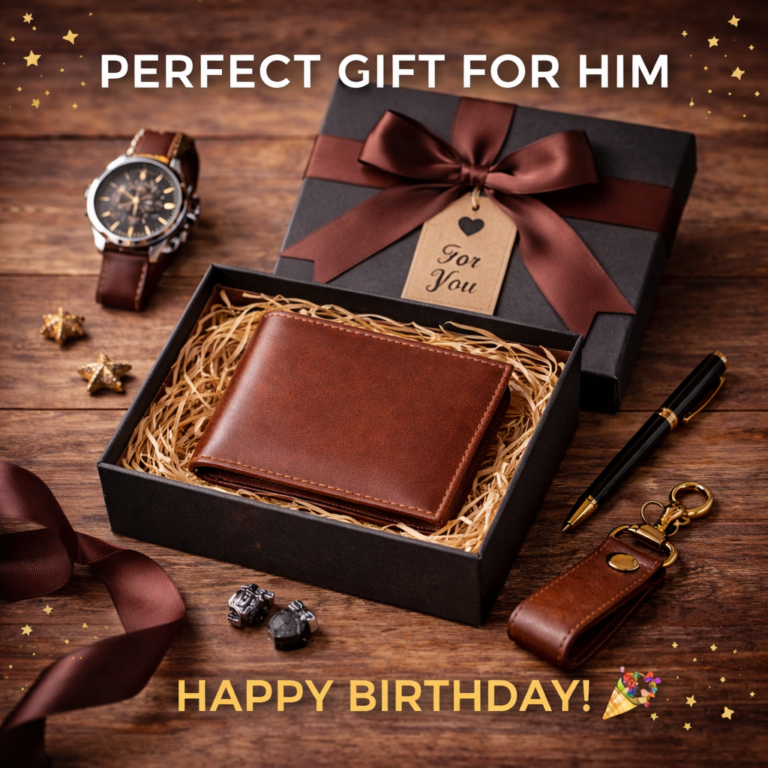 מארז מתנה מהודר ליום הולדת לגבר הכולל ארנק עור חום, שעון יד, עט יוקרתי ומחזיק מפתחות בתוך קופסה שחורה עם סרט, על רקע עץ עם לבבות מנצנצים.