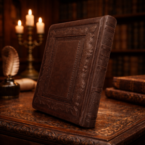 ספר תהילים מעור חום בעבודת יד עם עיטורים קלאסיים על שולחן עץ