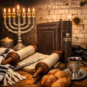 סידור עור מהודר עם הטבעות קלאסיות, מנורת שבעת הקנים וספר תורה באווירת קדושה