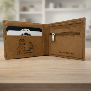 ארנק עור לגבר עם חריטה אישית ותא רוכסן פנימי פתוח