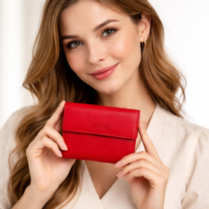 דוגמנית אוחזת ארנק נשים אדום מעור בעיצוב אלגנטי לשימוש יומיומי