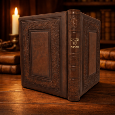 ספר תהילים מהודר בכריכת עור חומה עם הטבעות ועיטורים קלאסיים, מונח על שולחן עץ באווירה חמה