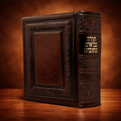 תנ״ך מעור חום כהה עם הטבעה דקורטיבית וכתב זהב על השדרה