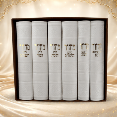 סט מחזורים מהודר בכריכת עור לבנה עם הטבעה בזהב לחגי ישראל