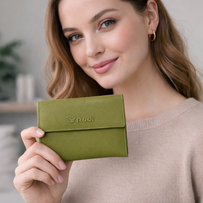 אישה מחזיקה ארנק נשים ירוק מעור איטלקי של RUDI לשימוש יומיומי