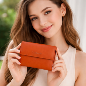 דוגמנית מחזיקה ארנק נשים מעור איטלקי בצבע כתום – ארנק נשים איכותי של RUDI