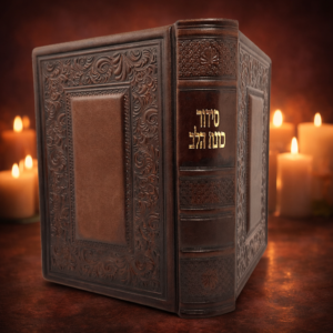 ספר תהילים מהודר מעור חום כהה עם הטבעות קלאסיות וכיתוב זהב, על רקע נרות חמים ואווירה רוחנית
