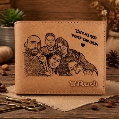 ארנק עור עם חריטת תמונה משפחתית אישית על רקע כפרי חמים – מתנה מרגשת בהתאמה אישית