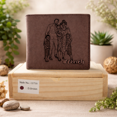 ארנק עור חום כהה עם חריטת משפחה מדויקת עומד על קופסת עץ בהירה