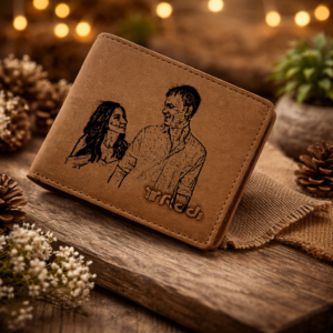 ארנק עור חום עם חריטת תמונה אישית של זוג, מתנה יוקרתית בעבודת יד