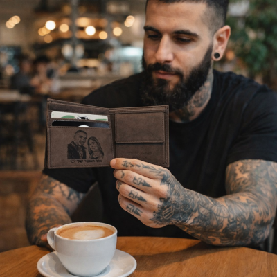 בחור עם זקן וקעקועים יושב בבית קפה ומחזיק ארנק עור לגבר עם חריטה אישית בעבודת יד