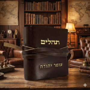 ספר תהילים מעור מהודר עם חריטה אישית בעיצוב יהודי מסורתי