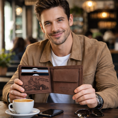 גבר יושב בבית קפה ומחזיק ארנק עור חום פתוח עם חריטה אישית וכרטיסים