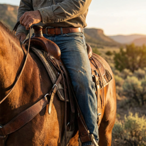 קאובוי רוכב על סוס ולובש חגורת עור חומה עם אבזם מתכת כהה, עשויה מעור אוכפים איכותי.