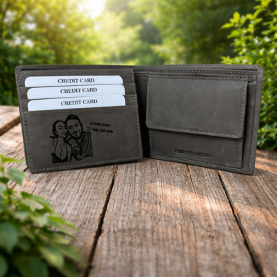 ארנק עור אפור פתוח עם חריטת תמונה אישית ותאי כרטיסים על שולחן עץ בטבע