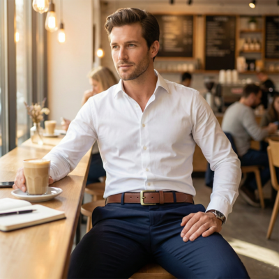 גבר לבוש בסגנון אלגנטי יושב בבית קפה, חגור בחגורת עור חומה עם אבזם פליז מרובע בולט.