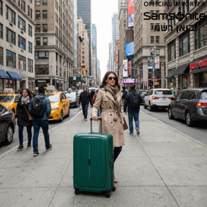 אישה צועדת ברחוב עירוני סואן עם מזוודת סמסונייט בצבע ירוק כהה.