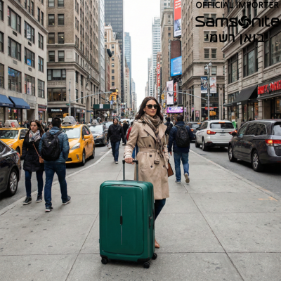 אישה צועדת ברחוב עירוני סואן עם מזוודת סמסונייט בצבע ירוק כהה.