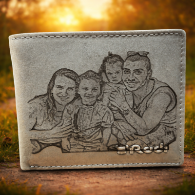 ארנק עור בהיר עם חריטת לייזר של תמונת משפחה על רקע חמים טבעי