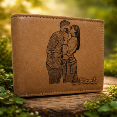 ארנק עור חום עם חריטת לייזר של זוג מתנשק בעיצוב אישי