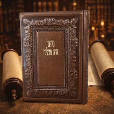 סידור איש מצליח כריכת עור חומה מהודרת עם הטבעה קלאסית ולצדו ספר תורה פתוח