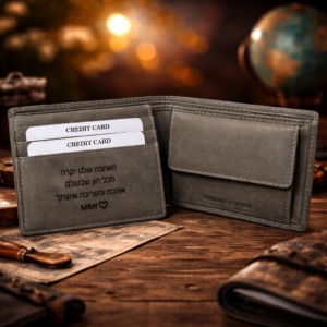 ארנק עור אפור פתוח עם חריטה אישית בעברית על רקע עץ חמים