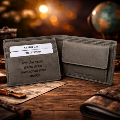 ארנק עור אפור פתוח עם חריטה אישית בעברית על רקע עץ חמים