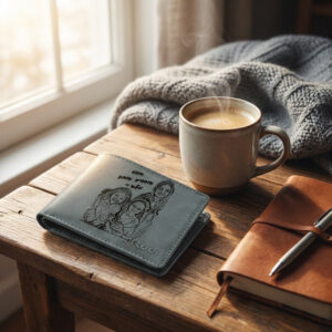 ארנק עור אפור לגבר עם חריטה אישית של תמונה משפחתית והקדשה בעברית "אבא אוהבים אותך", מונח על שולחן עץ לצד כוס קפה באווירה חמימה